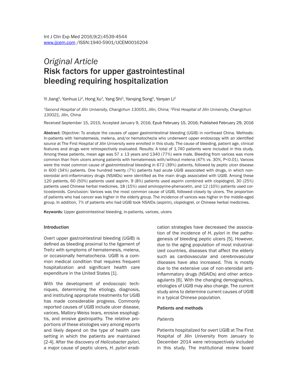 Original Article Risk Factors for Upper Gastrointestinal Bleeding Requiring Hospitalization