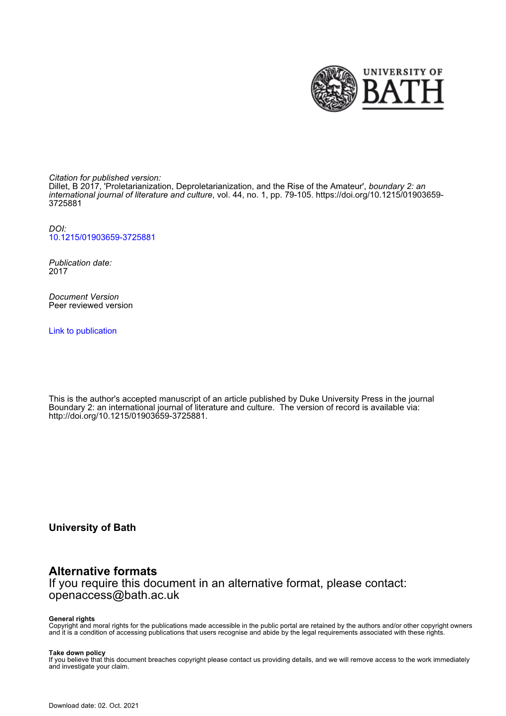 Alternative Formats If You Require This Document in an Alternative Format, Please Contact: Openaccess@Bath.Ac.Uk