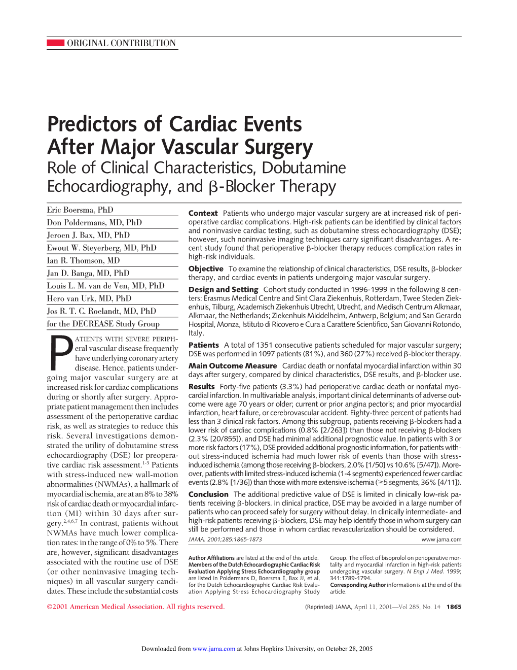 Predictors of Cardiac Events After Major Vascular Surgery Role of Clinical Characteristics, Dobutamine Echocardiography, and ␤-Blocker Therapy