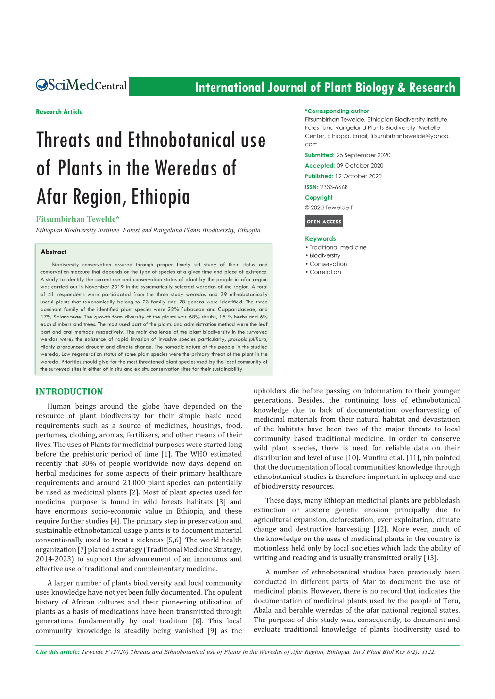 Threats and Ethnobotanical Use of Plants in the Weredas of Afar Region, Ethiopia