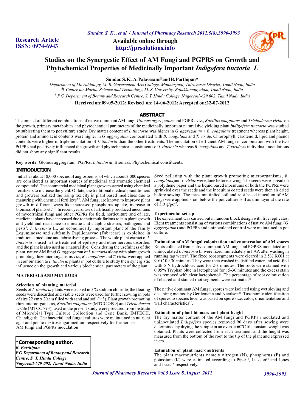 Studies on the Synergestic Effect of AM Fungi and PGPRS on Growth and Phytochemical Properties of Medicinally Important Indigofera Tinctoria L