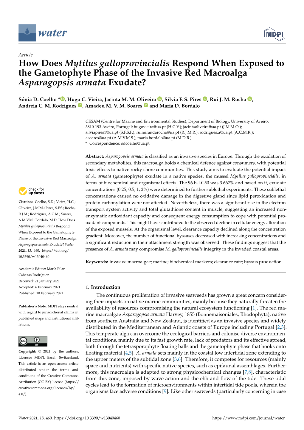 How Does Mytilus Galloprovincialis Respond When Exposed to the Gametophyte Phase of the Invasive Red Macroalga Asparagopsis Armata Exudate?