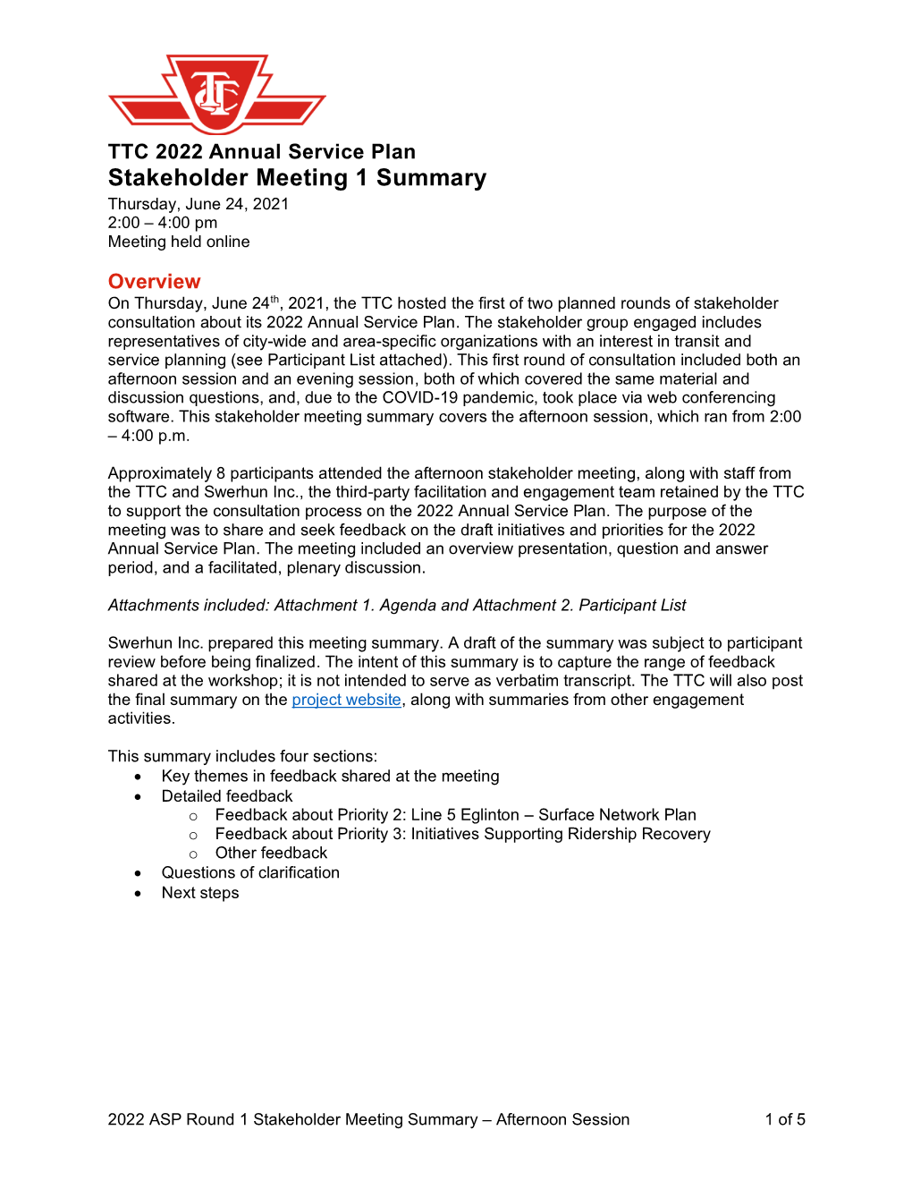 TTC 2022 Annual Service Plan Stakeholder Meeting 1 Summary Thursday, June 24, 2021 2:00 – 4:00 Pm Meeting Held Online