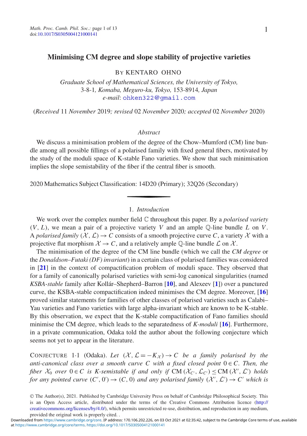 1 Minimising CM Degree and Slope Stability of Projective Varieties