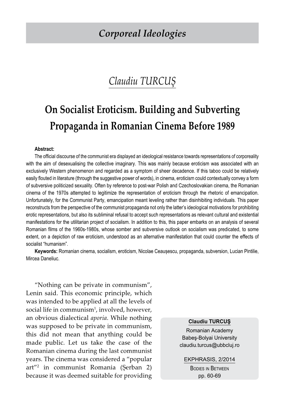 Claudiu TURCUȘ on Socialist Eroticism. Building and Subverting