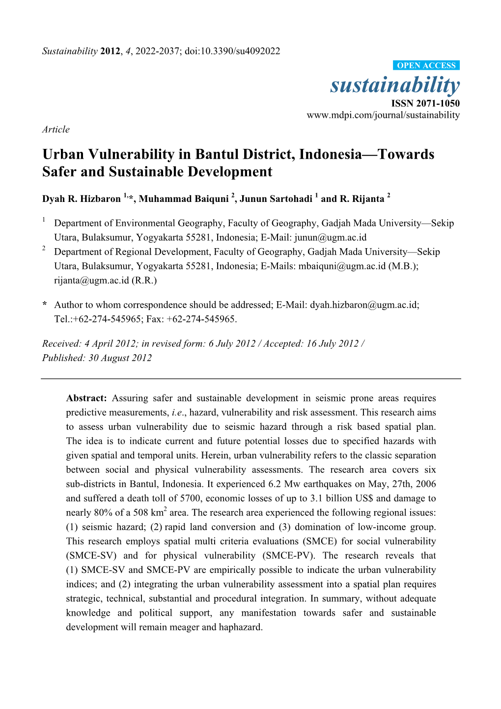 Urban Vulnerability in Bantul District, Indonesia—Towards Safer and Sustainable Development