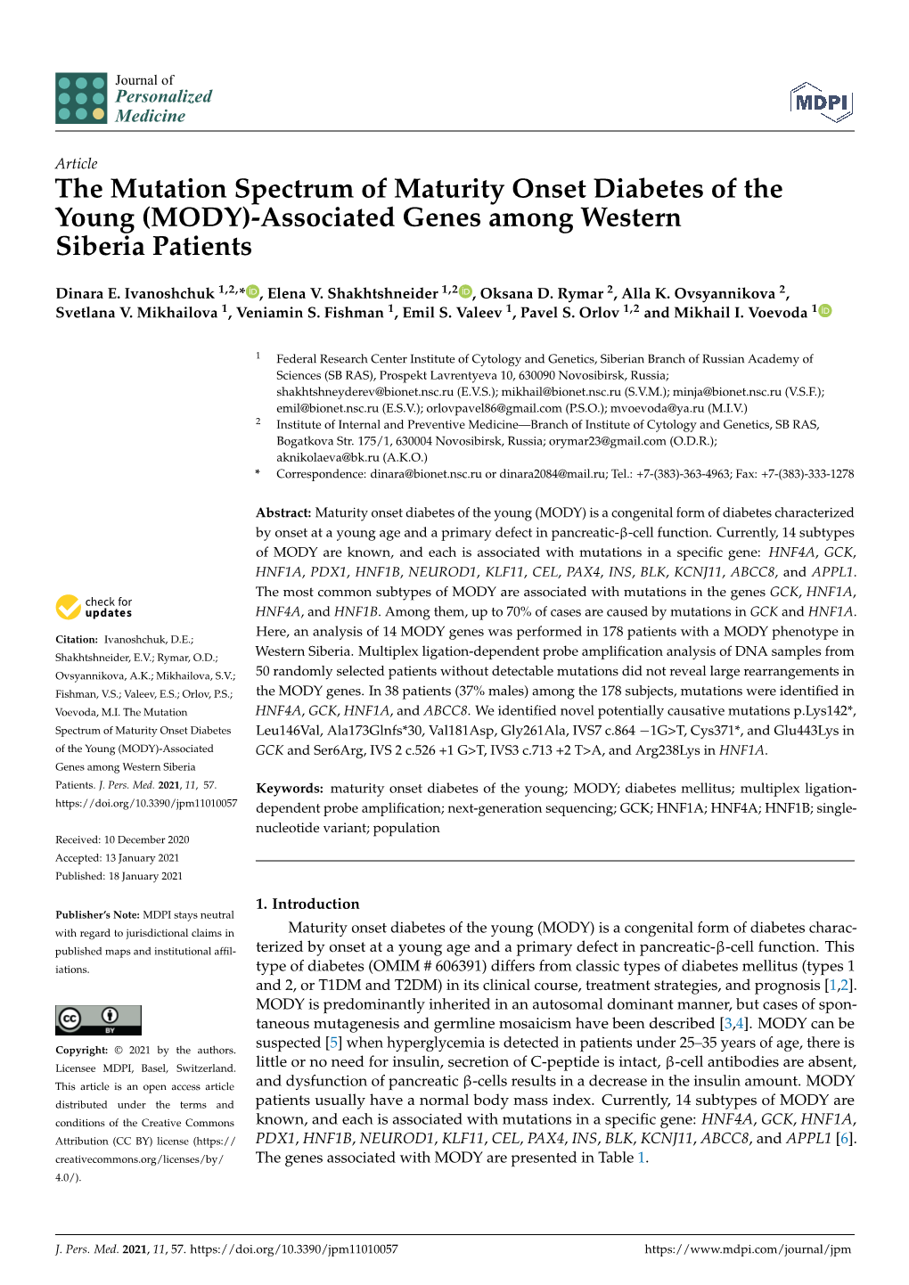 The Mutation Spectrum of Maturity Onset Diabetes of the Young (MODY)-Associated Genes Among Western Siberia Patients