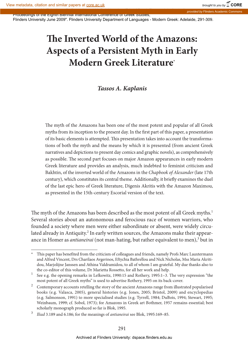 The Inverted World of the Amazons: Aspects of a Persistent Myth in Early Modern Greek Literature*