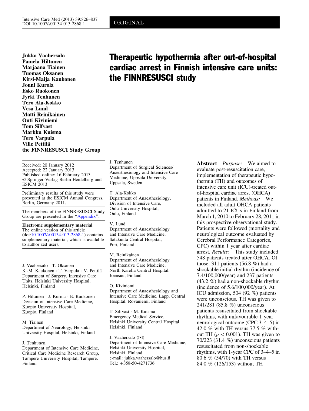 Therapeutic Hypothermia After Out-Of-Hospital Cardiac Arrest in Finnish Intensive Care Units: the FINNRESUSCI Study