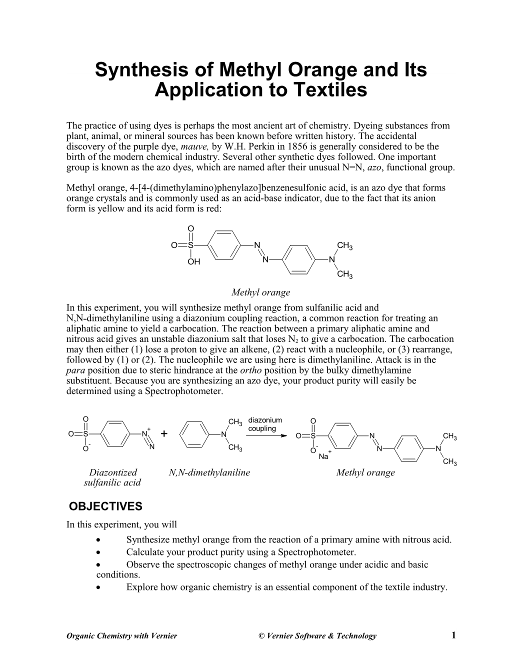 Synthesis of Methyl Orange and Its Application to Textiles