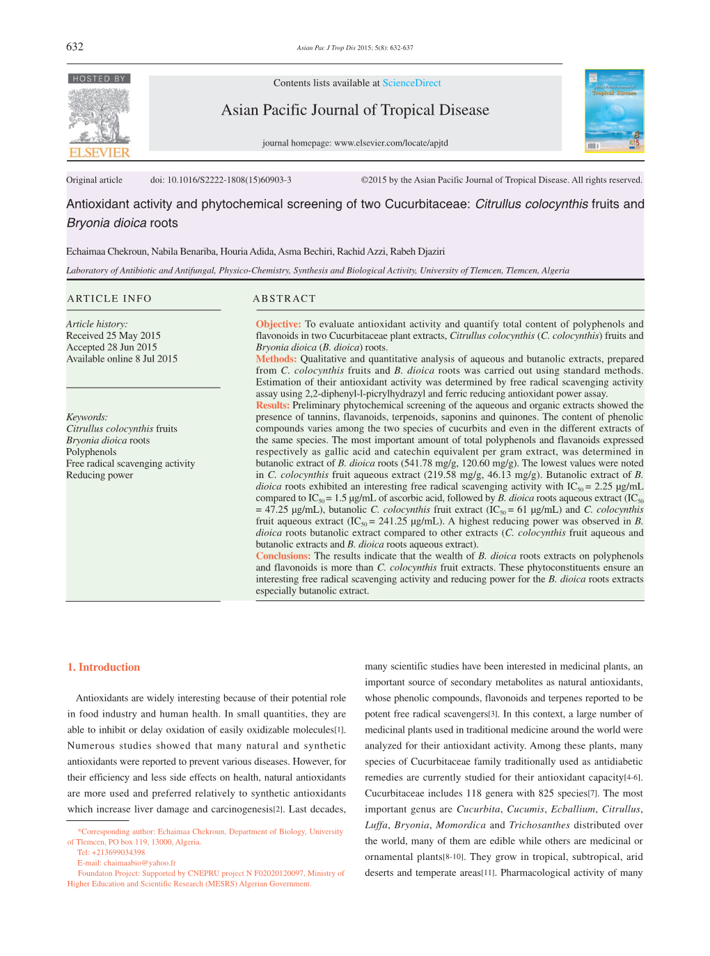 Antioxidant Activity and Phytochemical Screening of Two Cucurbitaceae: Citrullus Colocynthis Fruits and Bryonia Dioica Roots