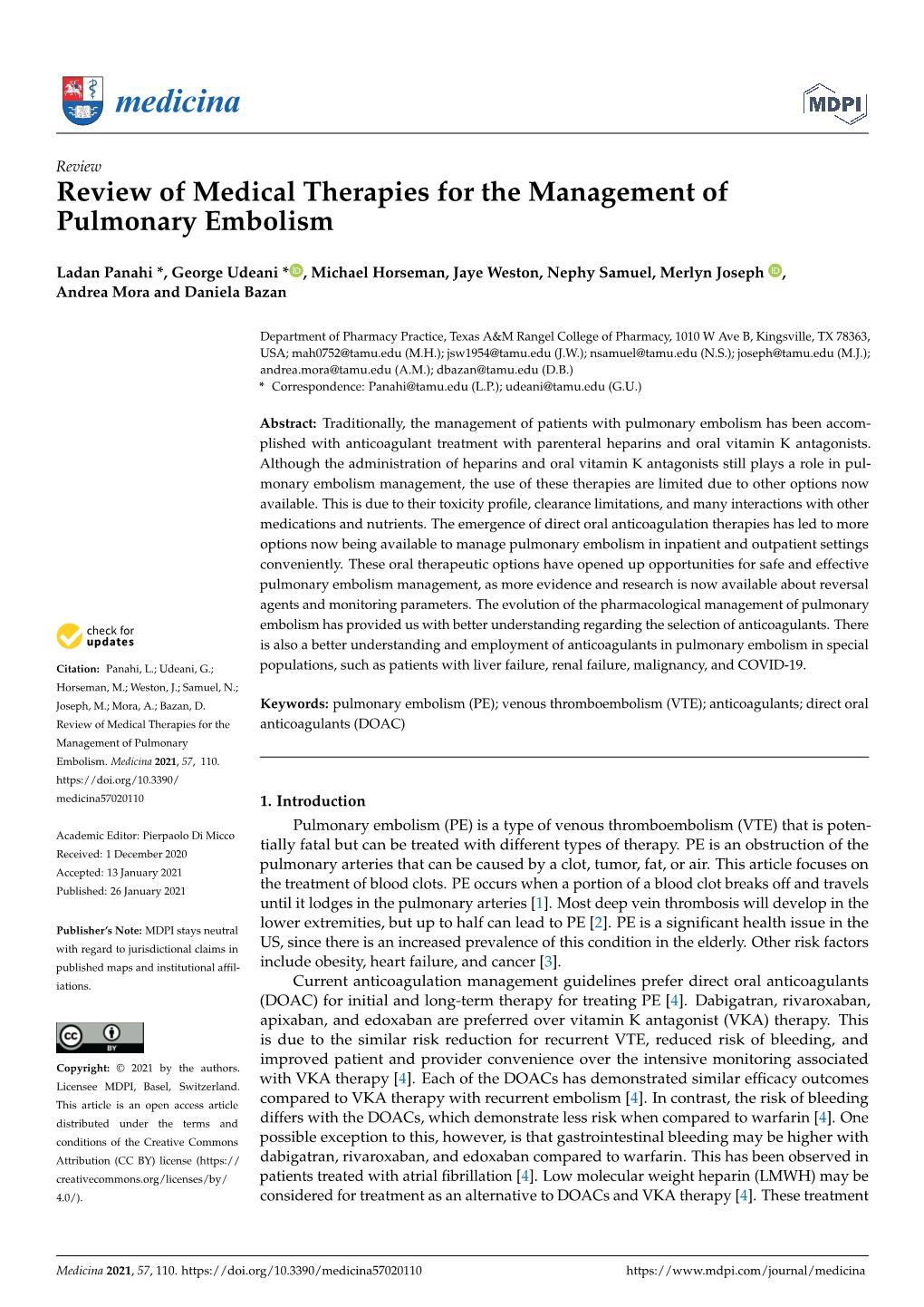 Review of Medical Therapies for the Management of Pulmonary Embolism