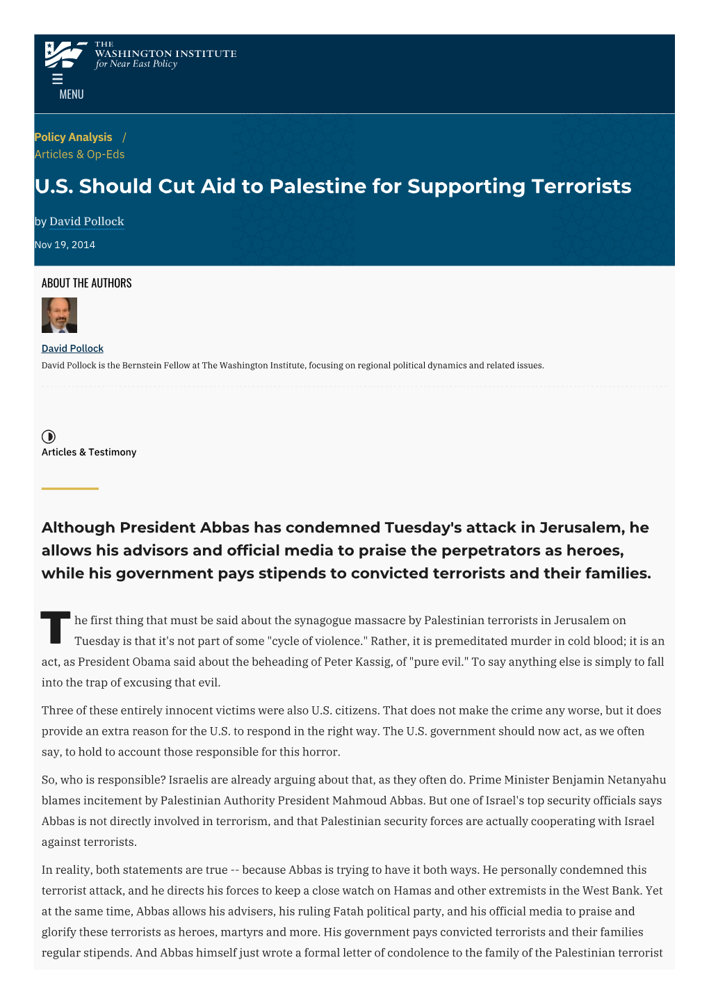 US Should Cut Aid to Palestine For