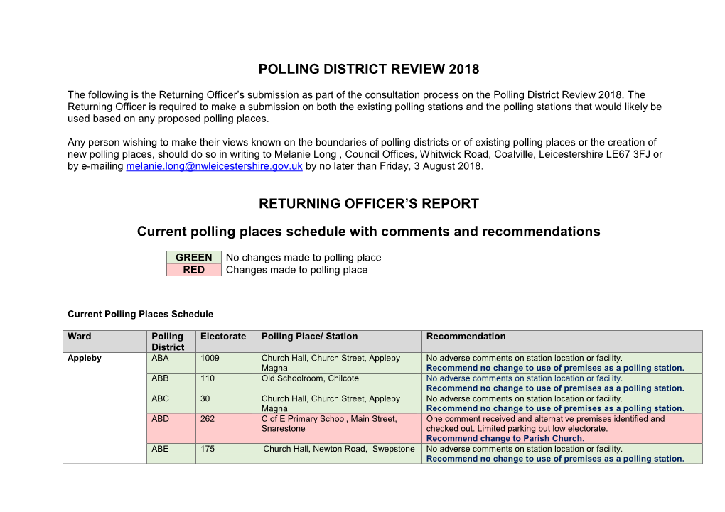 Proposed Revised Polling Places Schedule