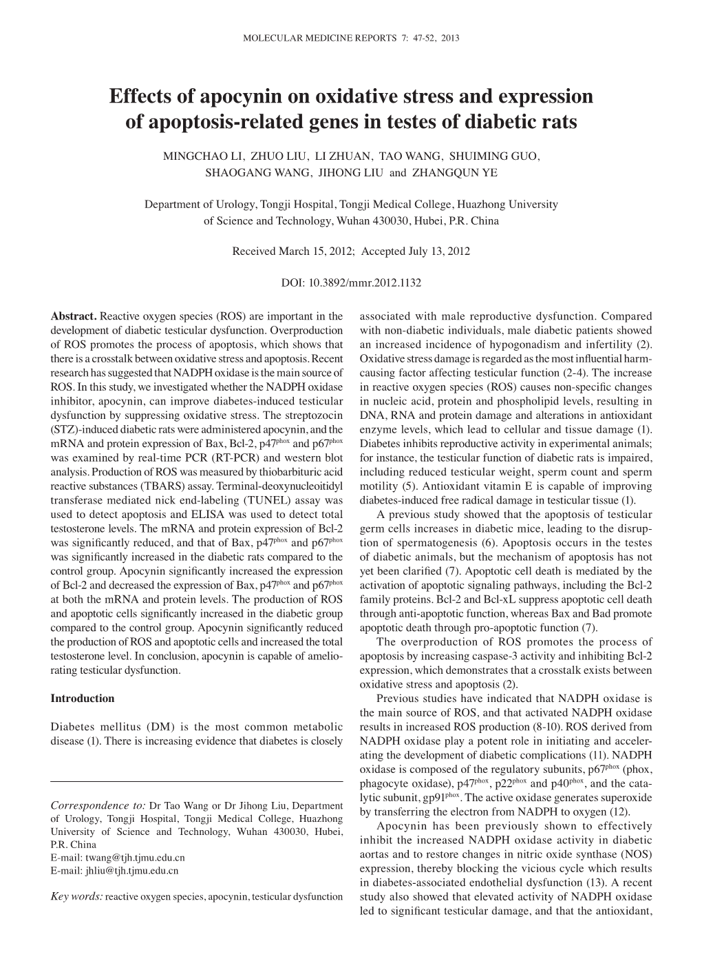 Effects of Apocynin on Oxidative Stress and Expression of Apoptosis-Related Genes in Testes of Diabetic Rats