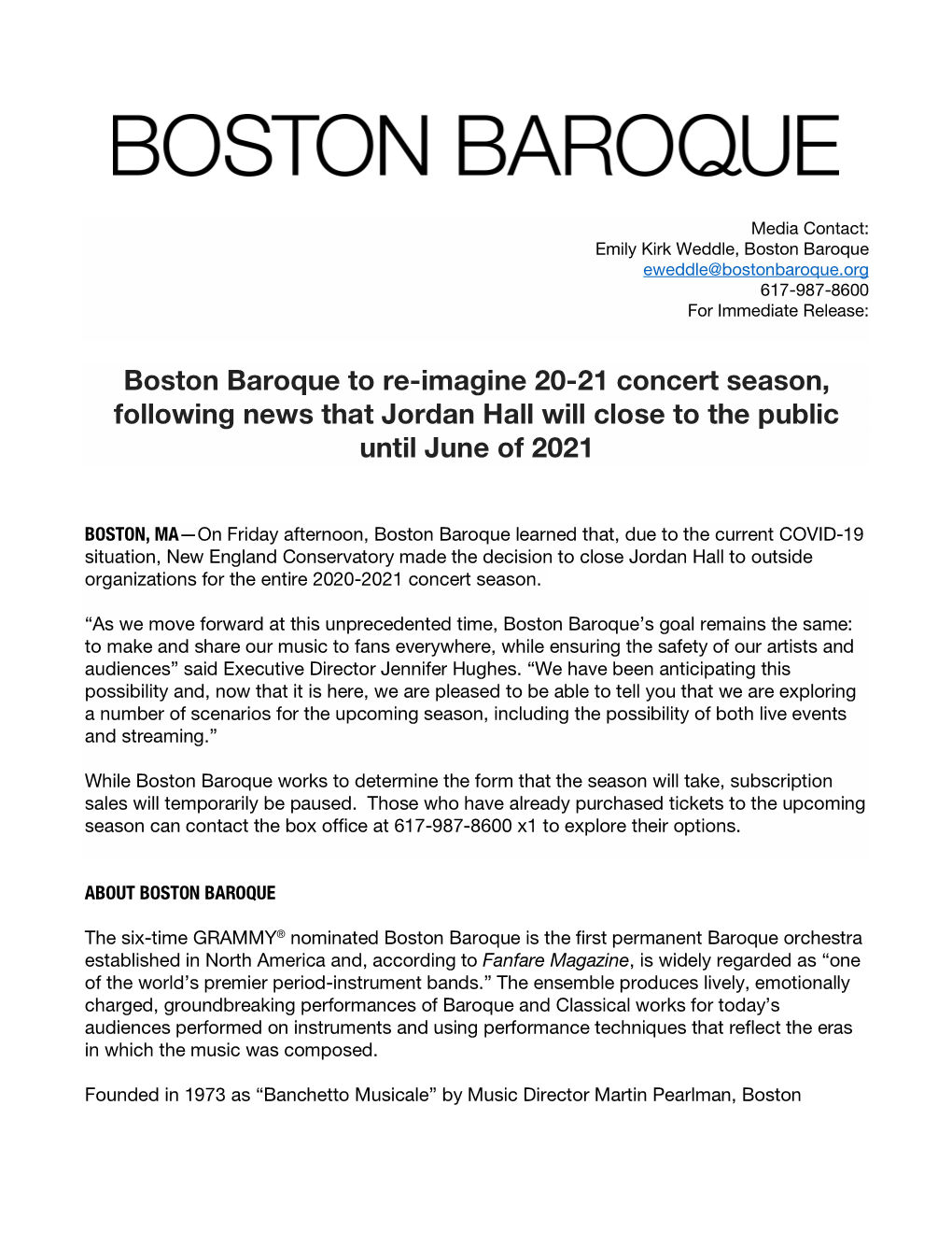 Boston Baroque to Re-Imagine 20-21 Concert Season, Following News That Jordan Hall Will Close to the Public Until June of 2021