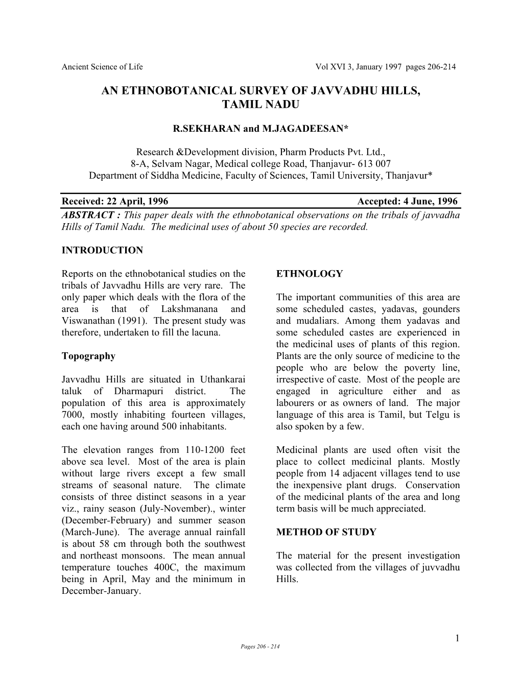 An Ethnobotanical Survey of Javvadhu Hills, Tamil Nadu