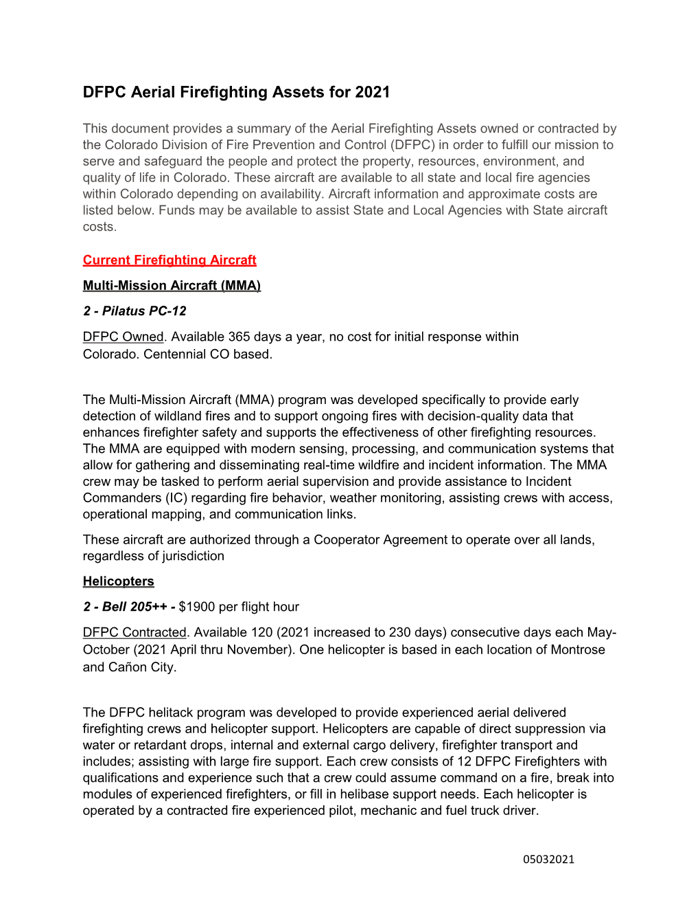 DFPC Aerial Firefighting Assets for 2021