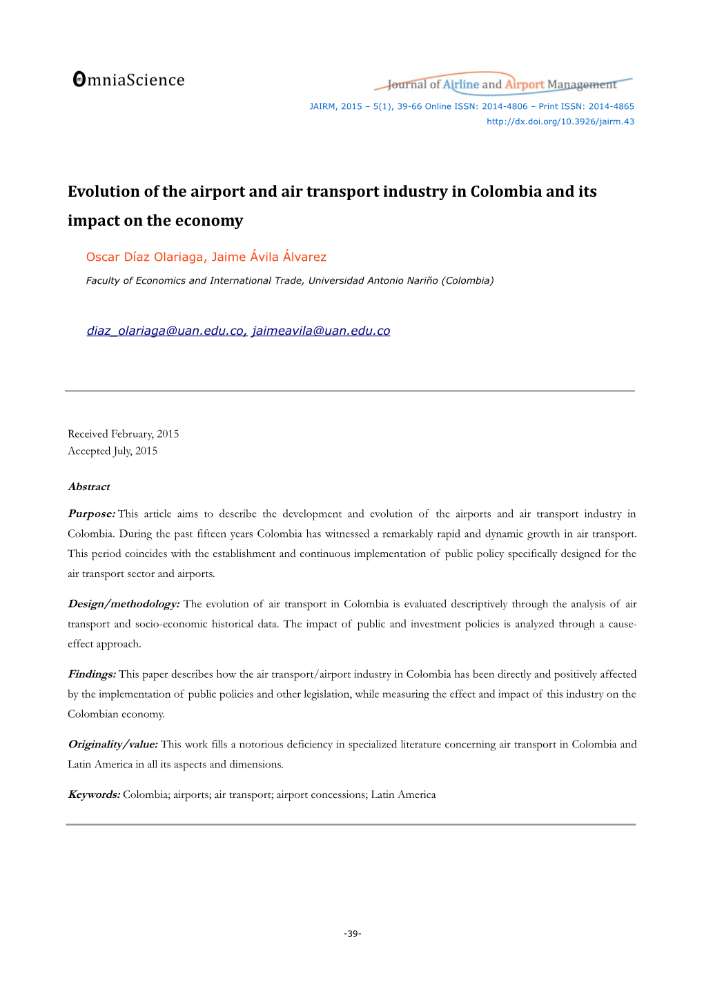 Evolution of the Airport and Air Transport Industry in Colombia and Its Impact on the Economy