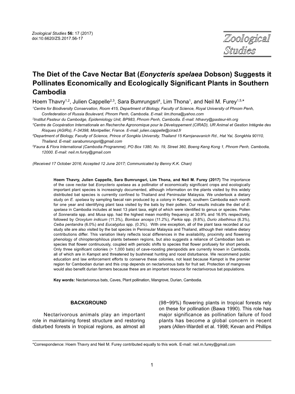 The Diet of the Cave Nectar Bat (Eonycteris Spelaea Dobson)