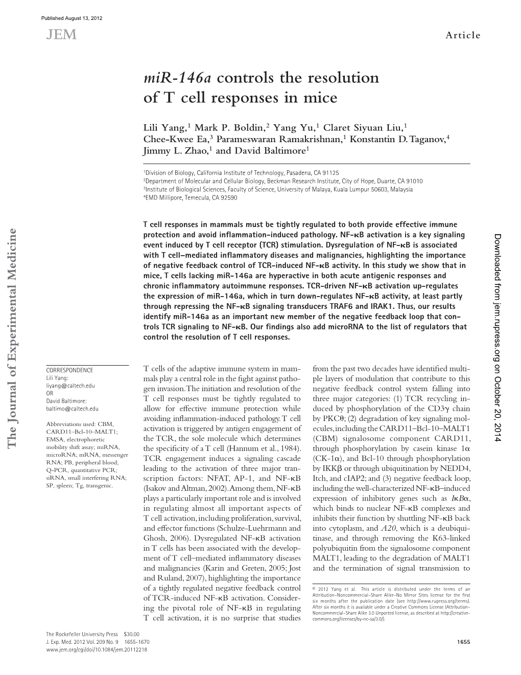 Mir-146A Controls the Resolution of T Cell Responses in Mice