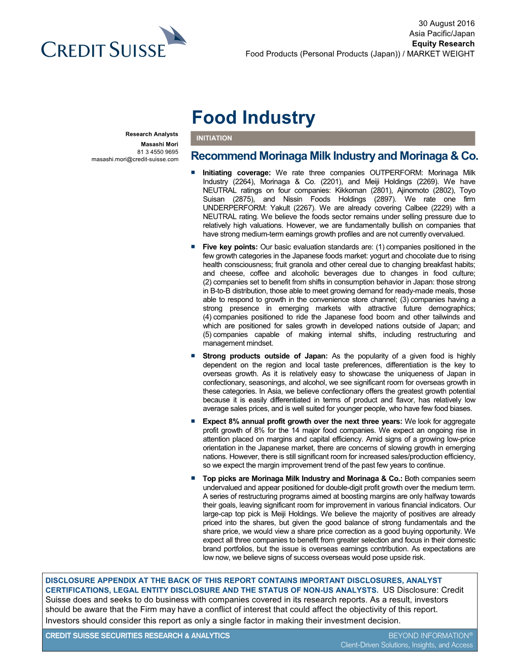 Food Industry Research Analysts INITIATION