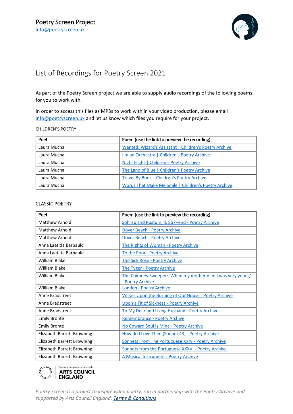 List of Recordings for Poetry Screen 2021