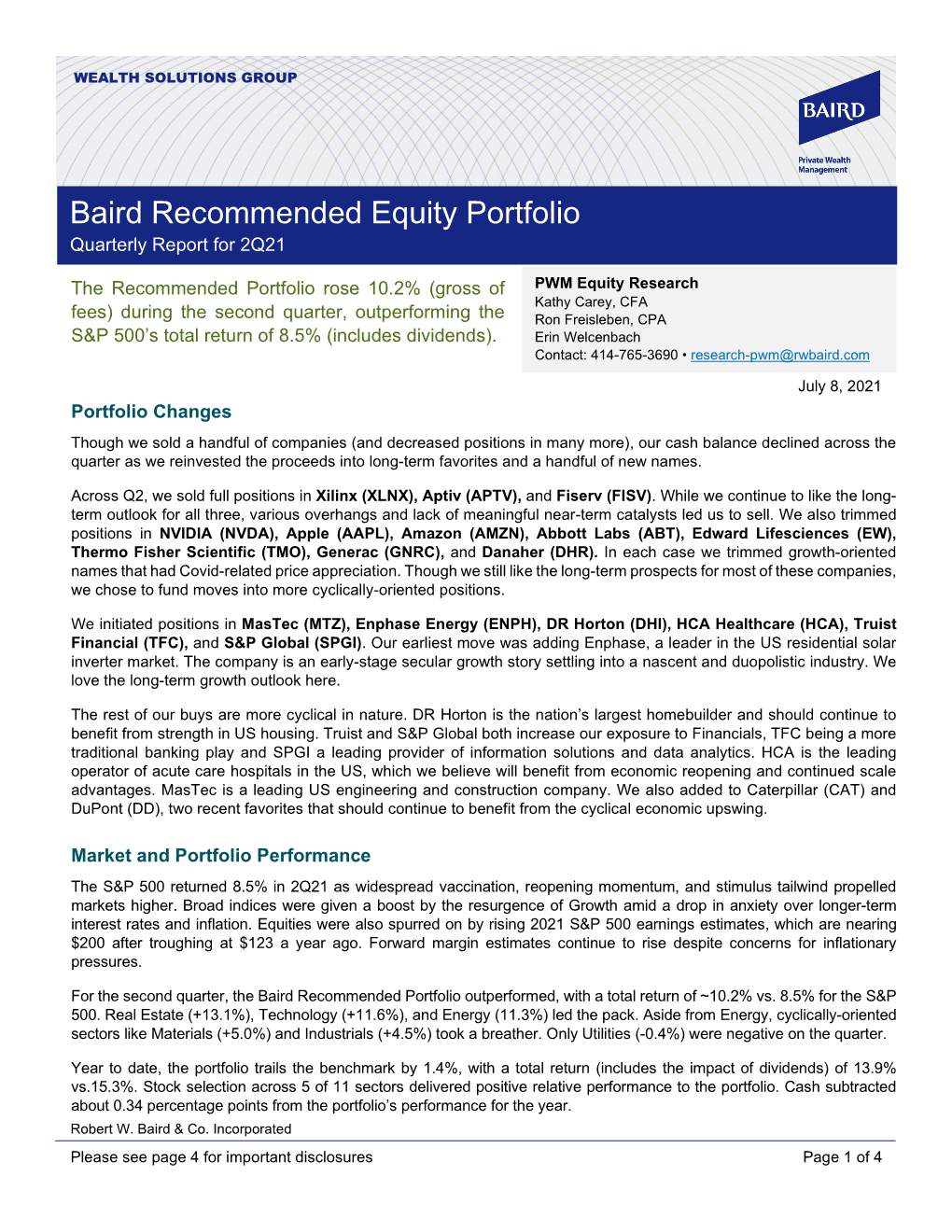 Baird Recommended Equity Portfolio Quarterly Report for 2Q21