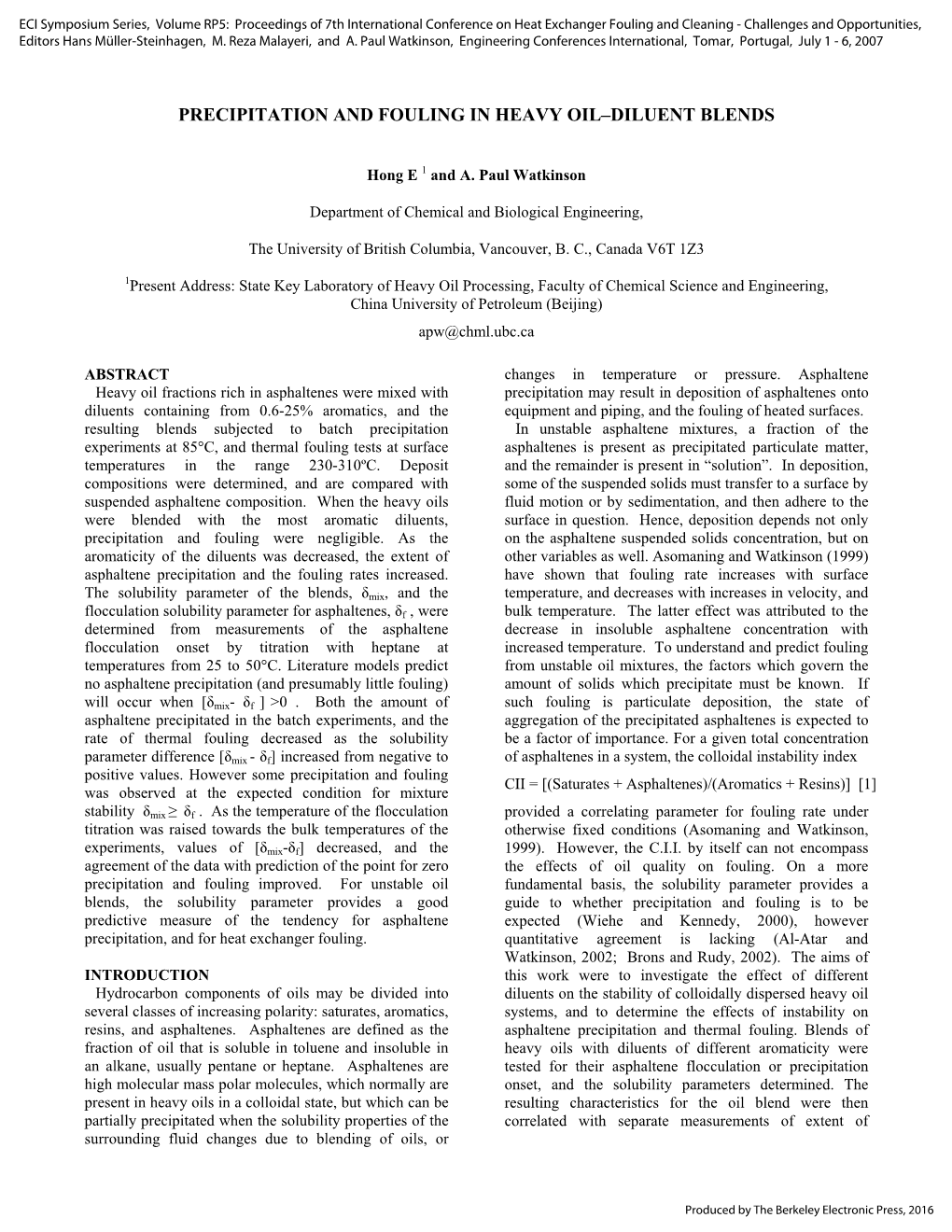 Precipitation and Fouling in Heavy Oil–Diluent Blends