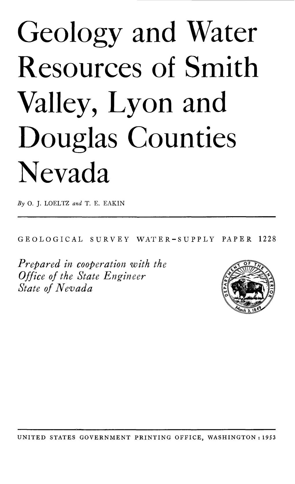 Geology and Water Resources of Smith Valley, Lyon and Douglas Counties Nevada