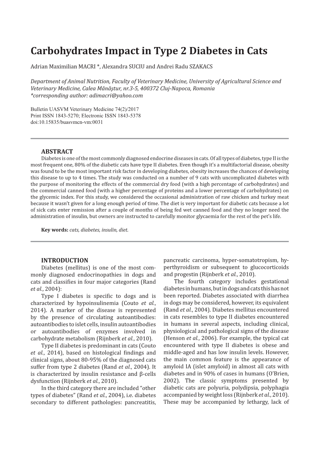 Carbohydrates Impact in Type 2 Diabetes in Cats