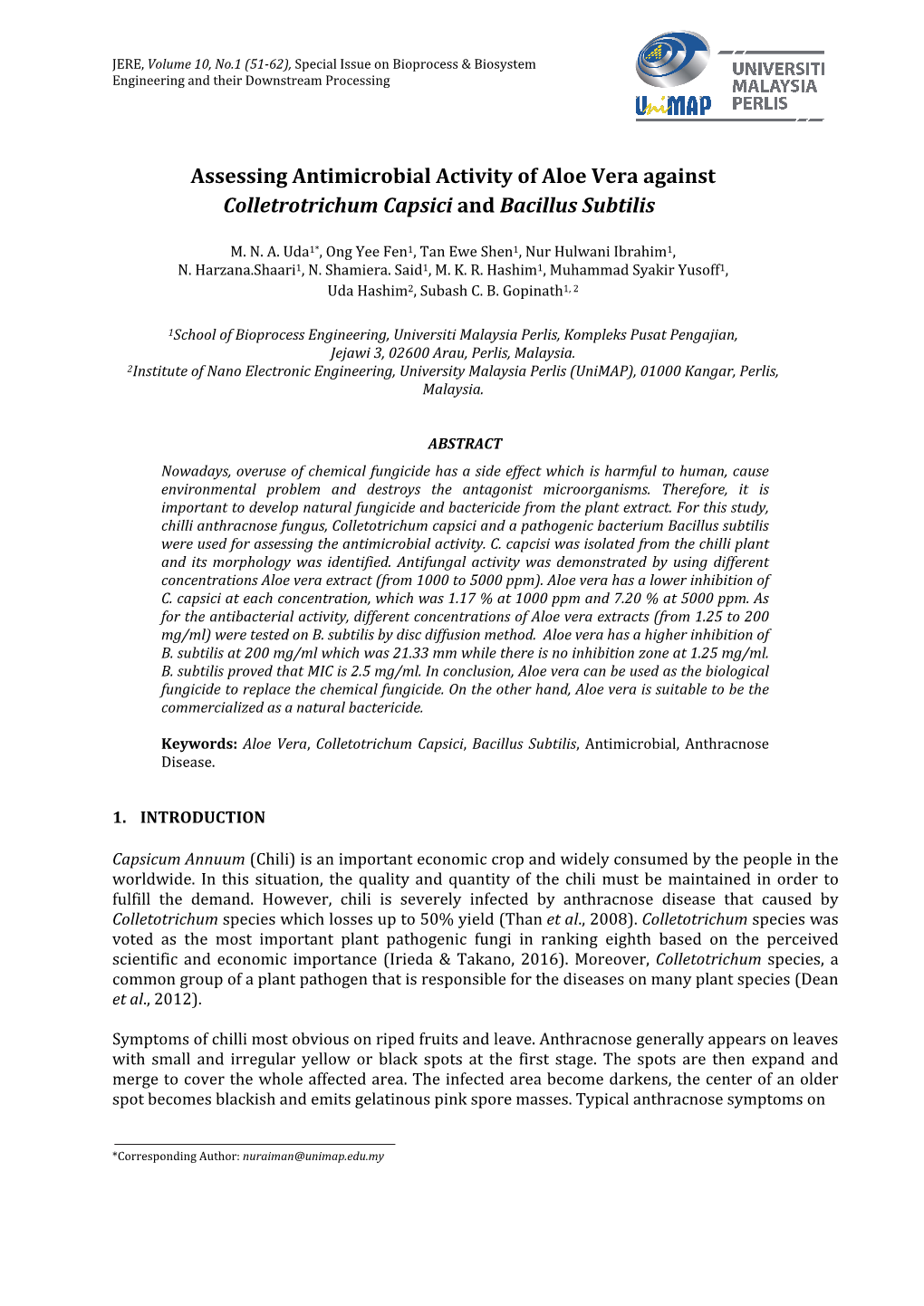 Assessing Antimicrobial Activity of Aloe Vera Against Colletrotrichum Capsici and Bacillus Subtilis