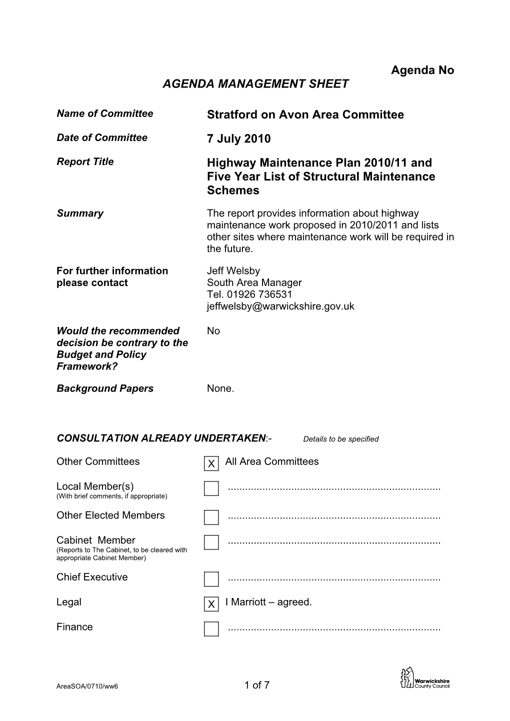 Highway Maintenance Plan 2008/09 and Five Year List of Structural