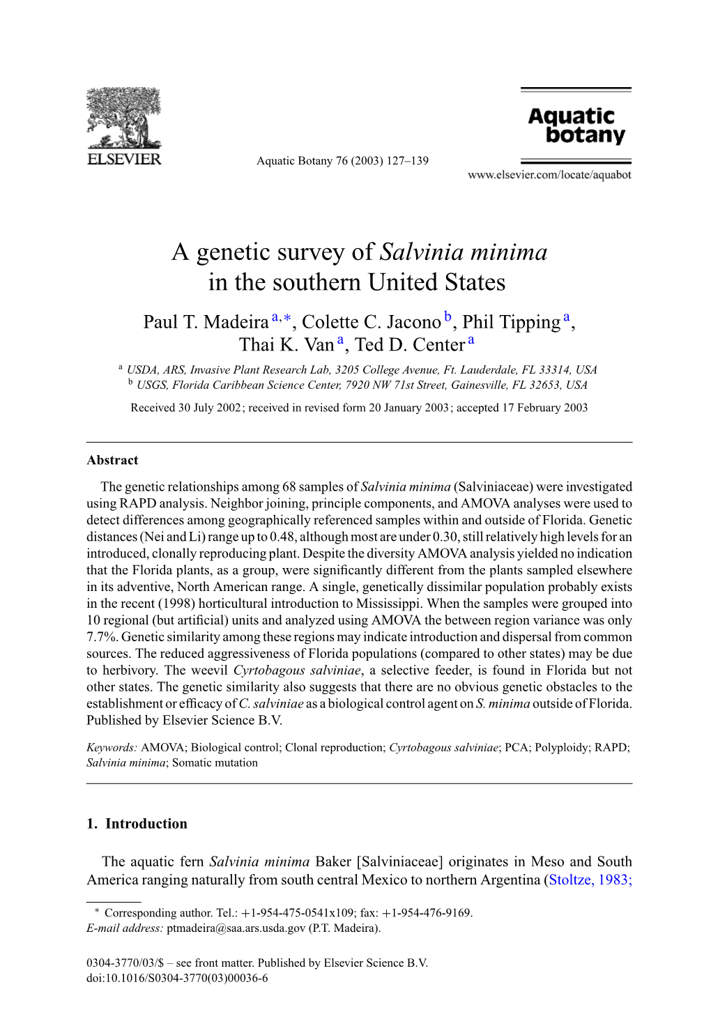 A Genetic Survey of Salvinia Minima in the Southern United States Paul T