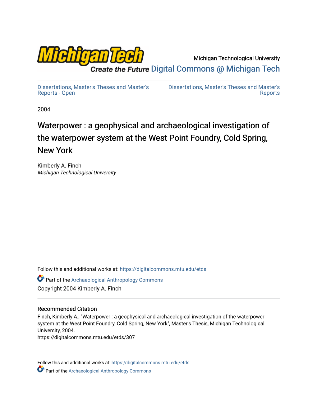 A Geophysical and Archaeological Investigation of the Waterpower System at the West Point Foundry, Cold Spring, New York