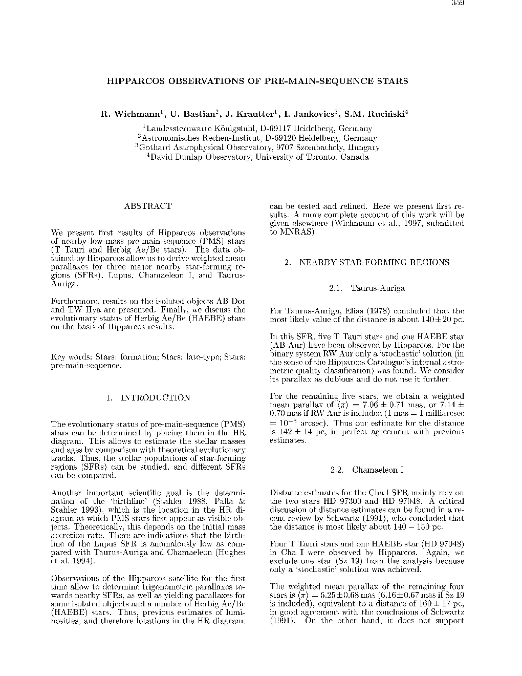 Hipparcos Observations of Pre-Main-Sequence Stars R