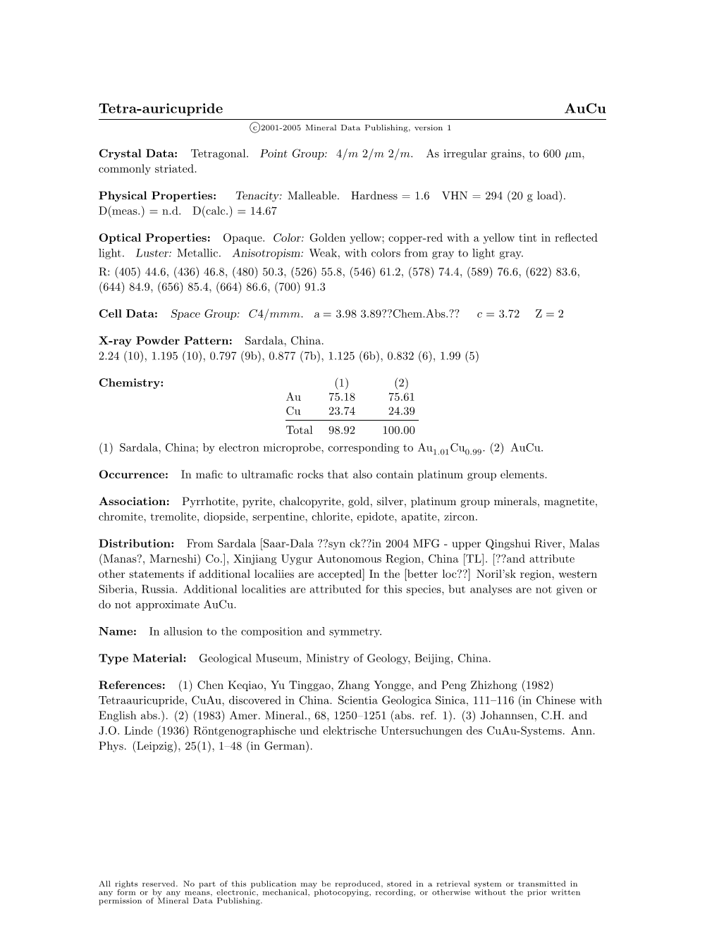 Tetra-Auricupride Aucu C 2001-2005 Mineral Data Publishing, Version 1