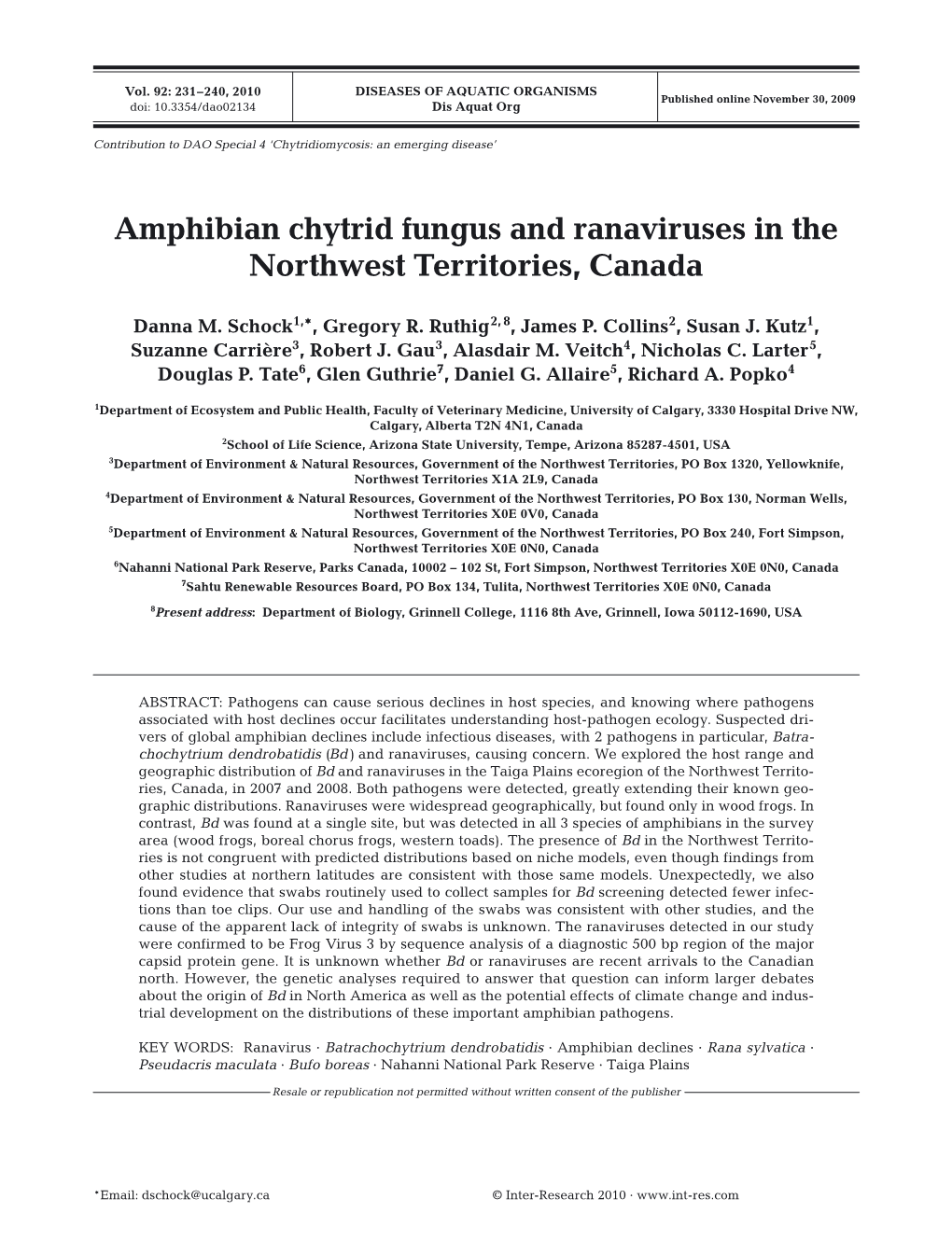 Amphibian Chytrid Fungus and Ranaviruses in the Northwest Territories, Canada