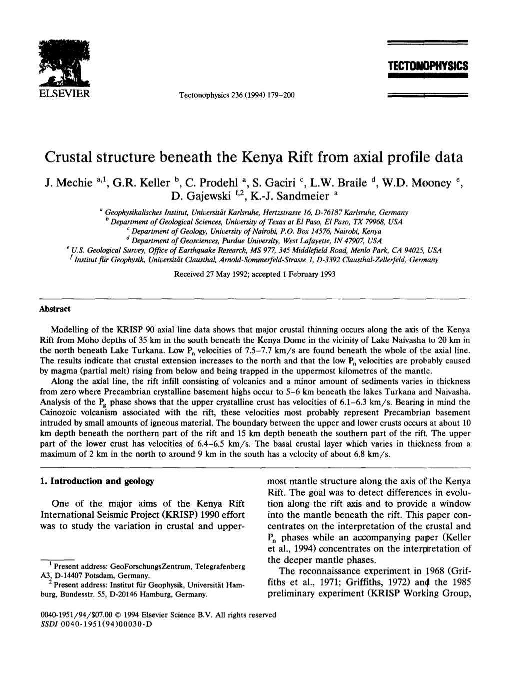 Crustal Structure Beneath the Kenya Rift from Axial Profile Data