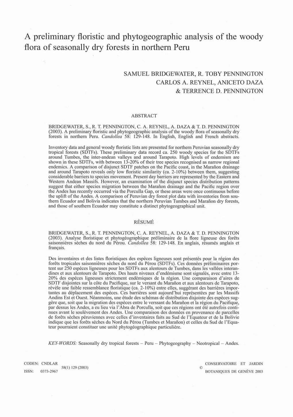 A Preliminary Fioristie and Phytogeographie Analysis of the Woody Fiora of Seasonally Dry Forests in Northern Pern