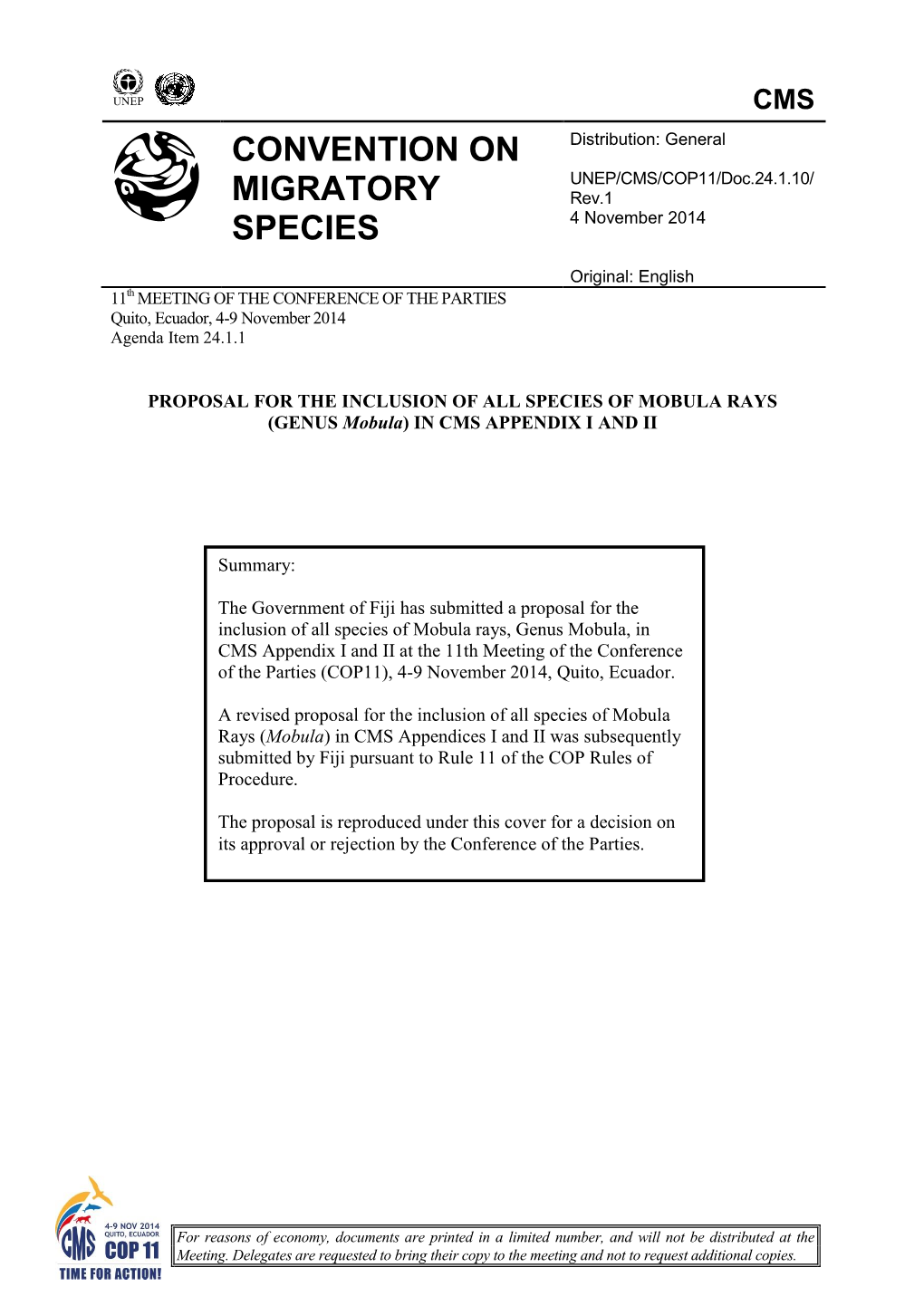 MOBULA RAYS (GENUS Mobula) in CMS APPENDIX I and II