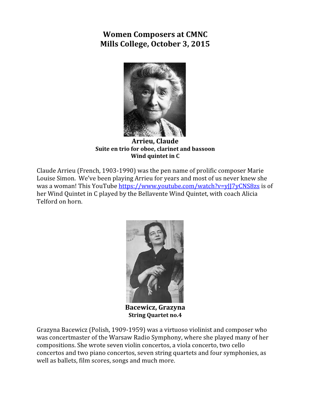 Women Composers at CMNC Mills College, October 3, 2015