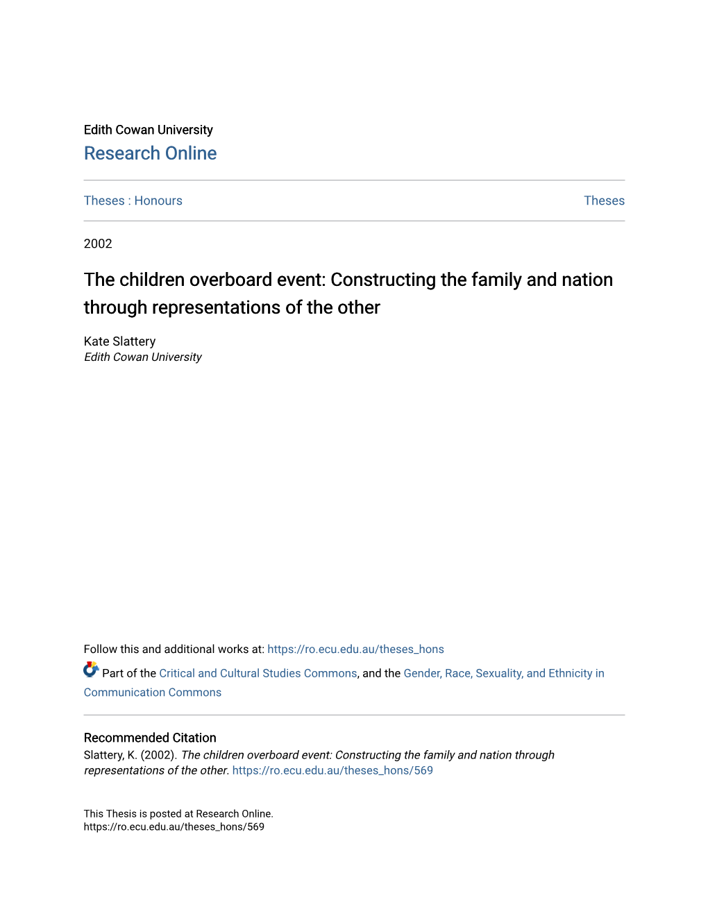 The Children Overboard Event: Constructing the Family and Nation Through Representations of the Other