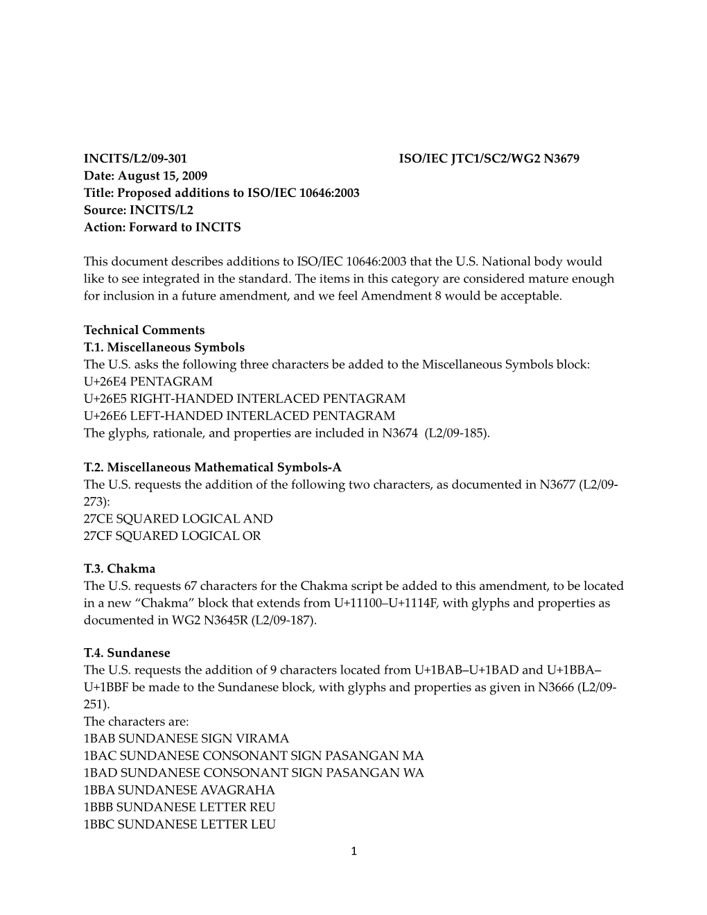 INCITS/L2/09‐301 ISO/IEC JTC1/SC2/WG2 N3679 Date: August 15, 2009 Title: Proposed Additions to ISO/IEC 10646:2003 Source: INCITS/L2 Action: Forward to INCITS