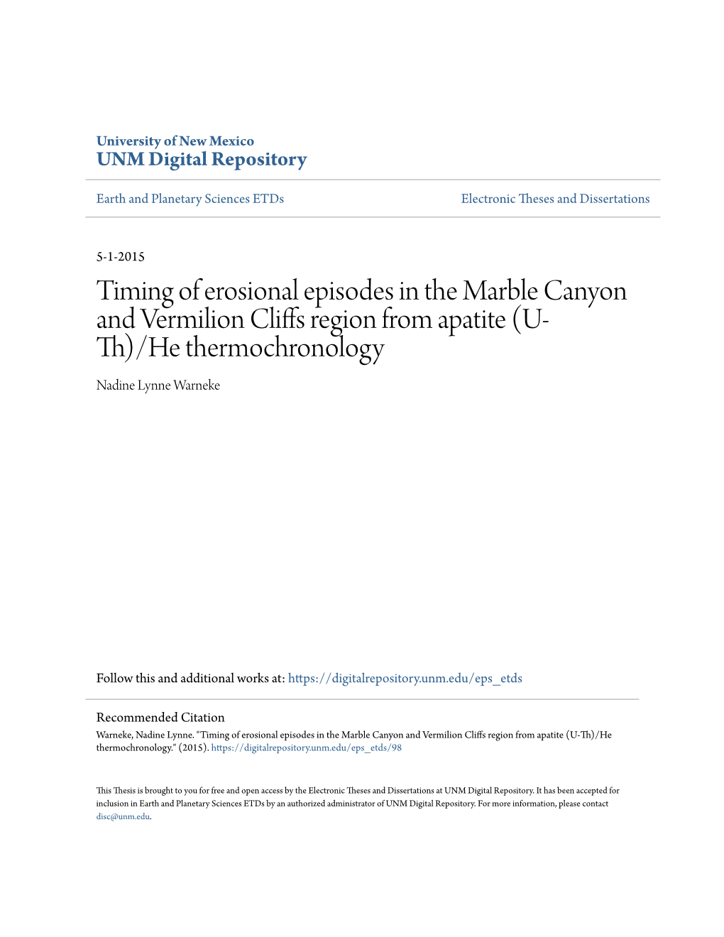 Timing of Erosional Episodes in the Marble Canyon and Vermilion Cliffs Region from Apatite (U-Th)/He Thermochronology.