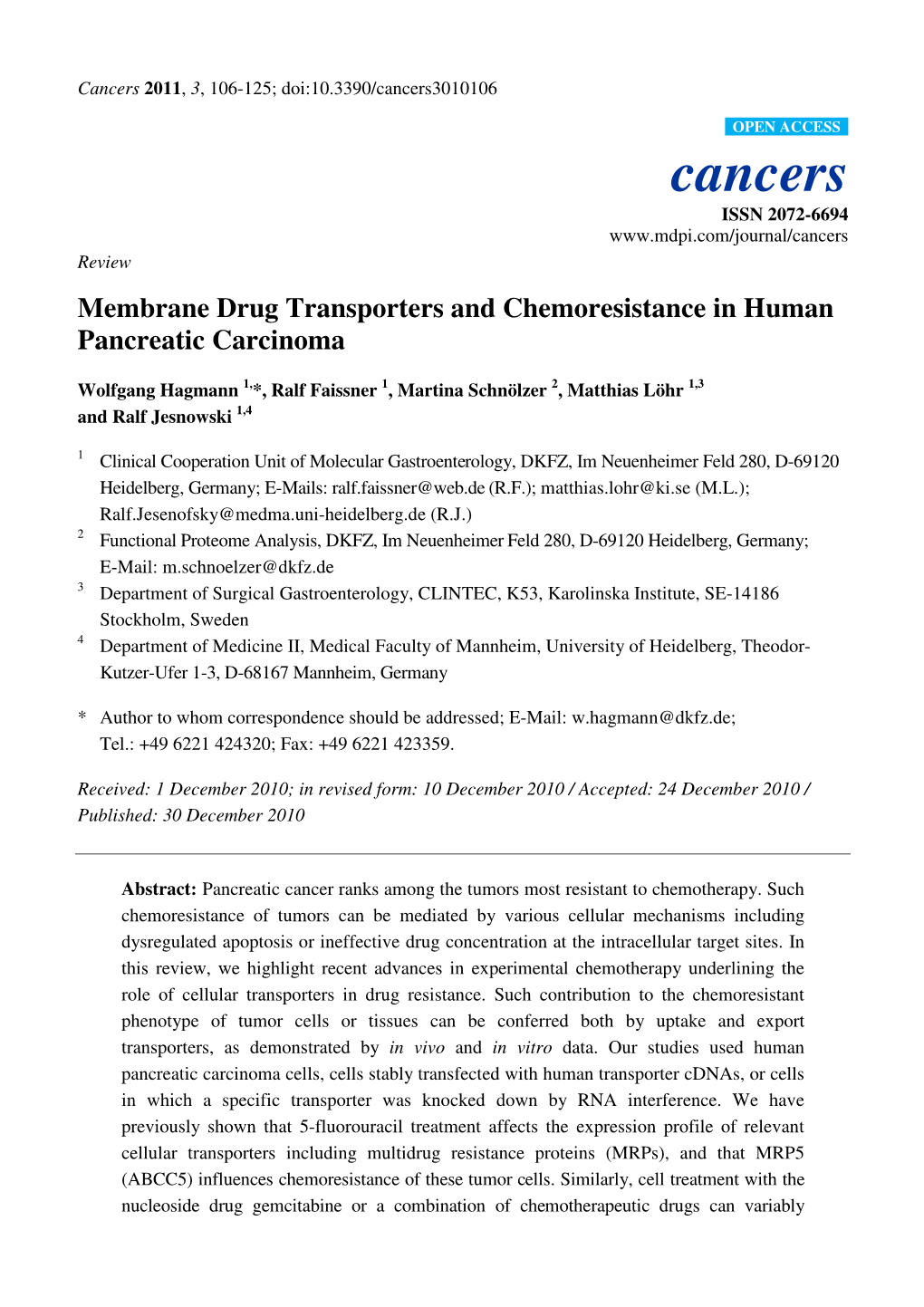 Membrane Drug Transporters and Chemoresistance in Human Pancreatic Carcinoma