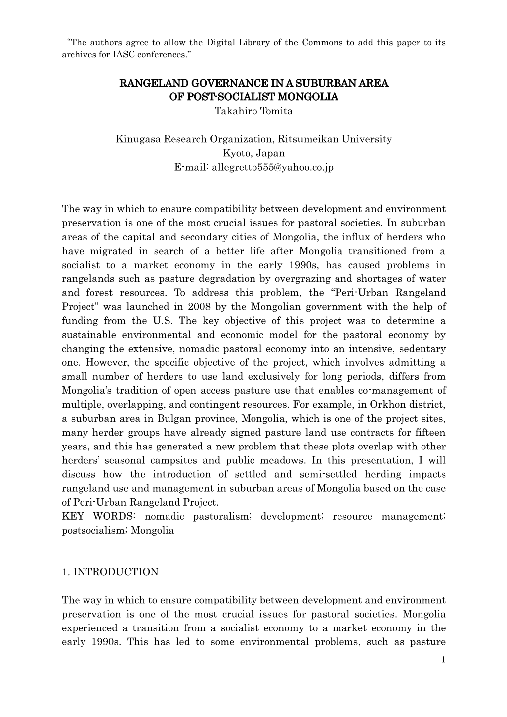 RANGELAND GOVERNANCE in a SUBURBAN AREA of POST-SOCIALIST MONGOLIA Takahiro Tomita Kinugasa Research Organization, Ritsumeikan