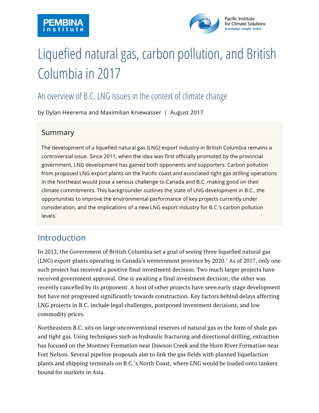 Liquefied Natural Gas, Carbon Pollution, and British Columbia in 2017