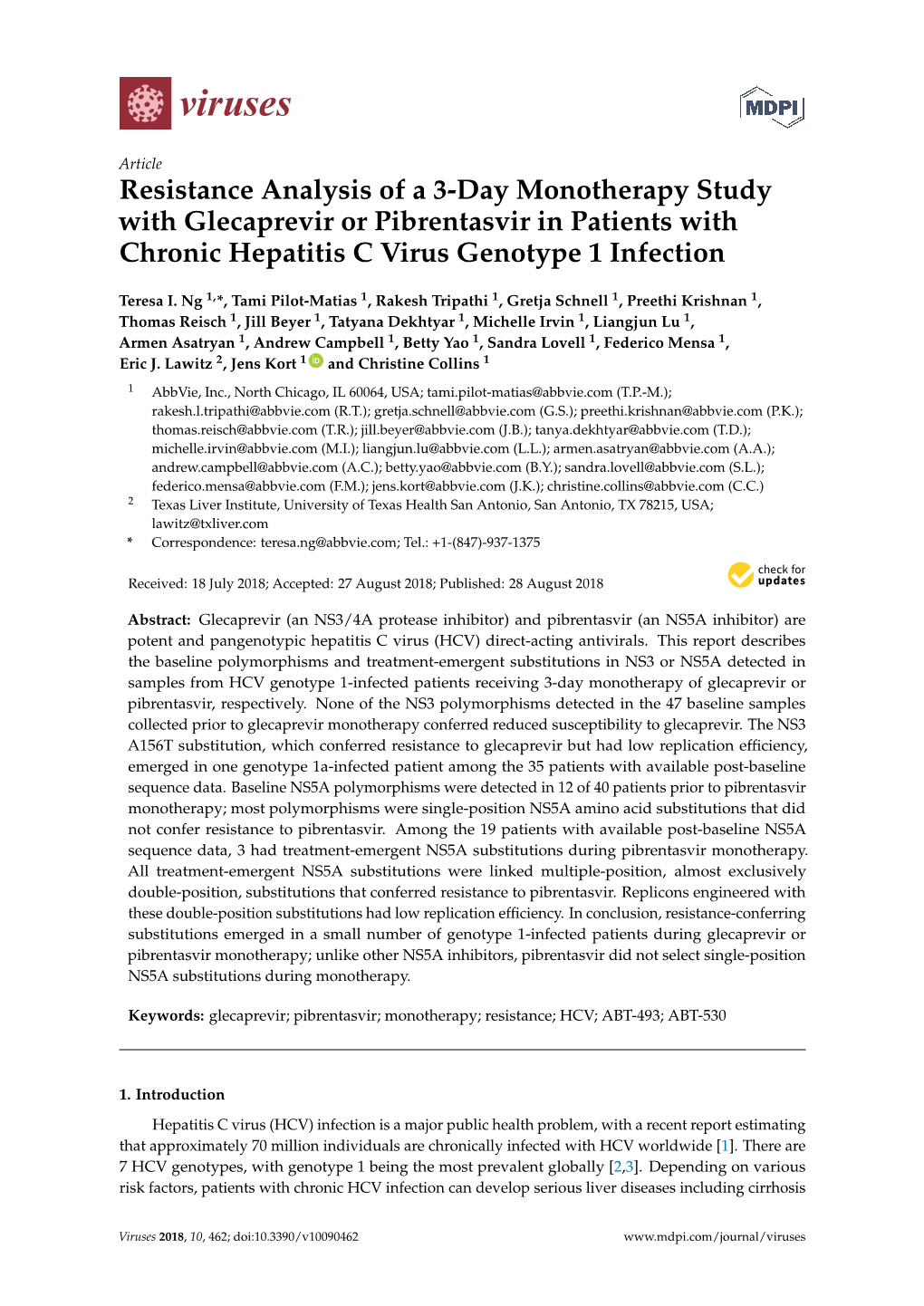 Resistance Analysis of a 3-Day Monotherapy Study with Glecaprevir Or Pibrentasvir in Patients with Chronic Hepatitis C Virus Genotype 1 Infection