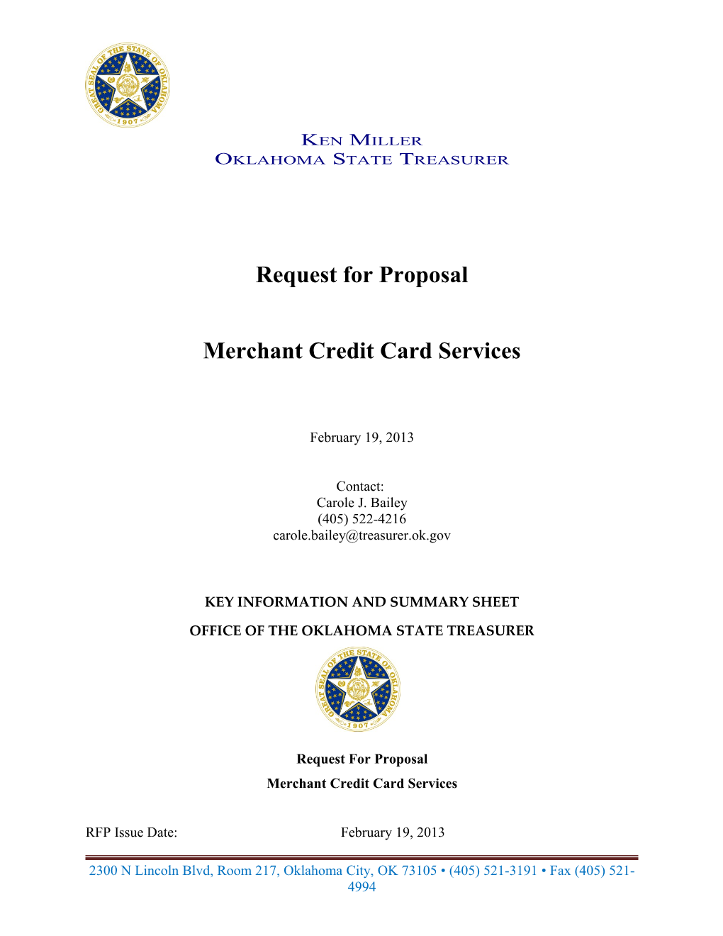 Oklahoma State Treasurer – REQUEST FOR PROPOSAL – Merchant Credit Card Services